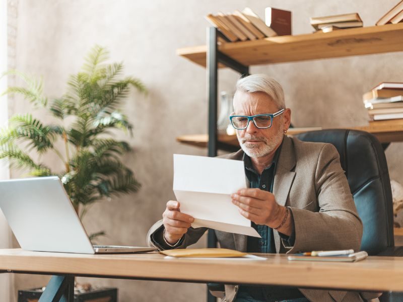 Entrepreneur reading notice from bankruptcy court